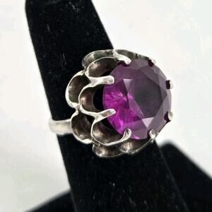 Vtg Mexico 925 Sterling Color Changing Purple Large Round Stone Ring Sz 5.25